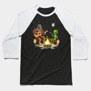 Bigfoot and Alien Camping Baseball T-Shirt